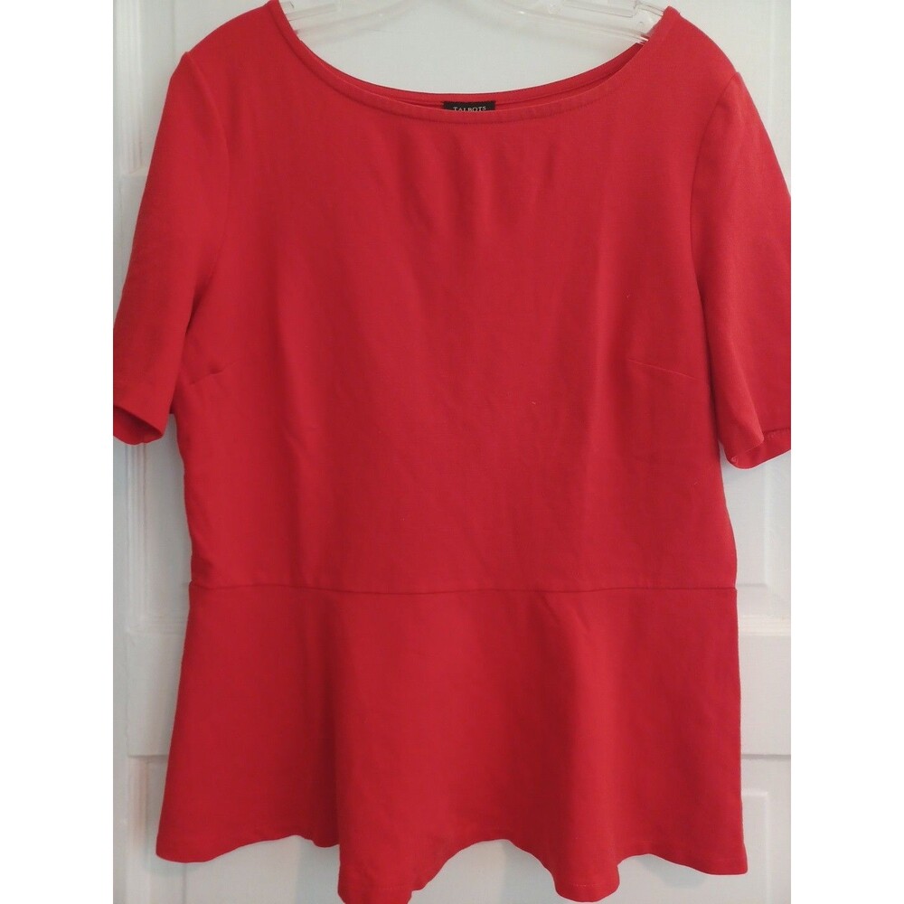 Talbots tomato red knit peplum top M on-trend classic comfy minimalist blouse